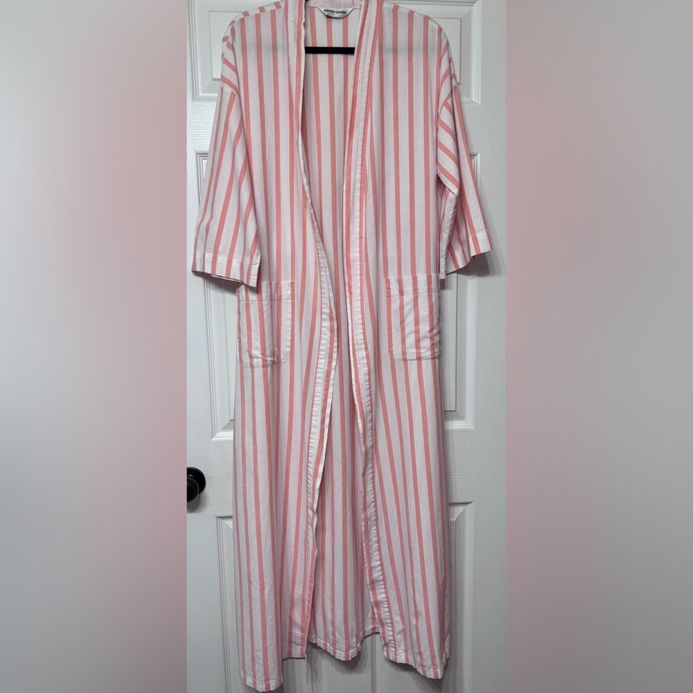 Vtg Pierre Cardin Coral and White Striped kimono robe